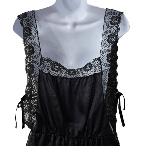 Vintage Nylon Lingerie Teddy Romper L Floral Lace Rosette Ties Black 80s 90s - Picture 7 of 11